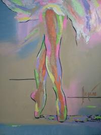 The Dance is acrylic on canvas fauvist 
figural with heavy impasto, stylized, juxtaposition colors, pastel tones.