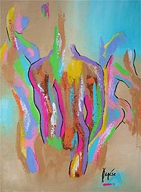 The Twins of the Shadow is a contemporary, stylized, 
fauvist figural piece with juxtaposed colors.