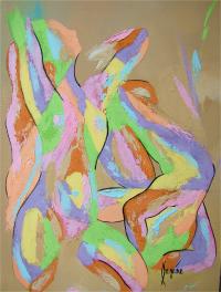 Pastel Poses - this contemporary figural embodies 
juxtaposing of pastel tones, impasto, fauvism, touch of cubism, 
along with stylized delineation of some forms.