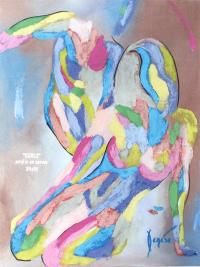 Curls is a contemporary fauvist, thick impasto 
figural painting with a minimalistic background and juxtapositioned pastel colors.