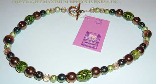nck015 Necklace, Green Iris Pearl necklace, semi-precious tiger's eye