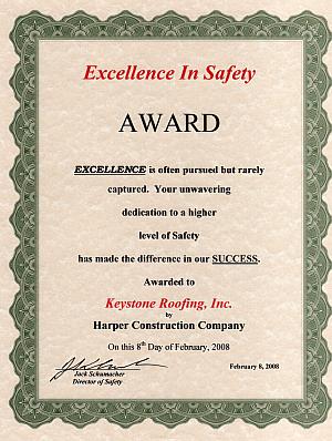 A safety award from one of our contractors