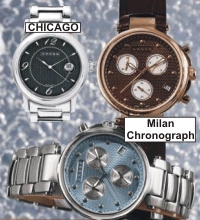 Cross Timepieces: Chicago - Satin-Finished Satnless Steel
with Engraved Satin-Finished Black Dial, Stainless Steel Link Bracelet - Calendar on Men's Version along with two
 versions of Cross Men's Chronograph.  Click on Cross Timepieces link for description and discounted pricing. 38MM